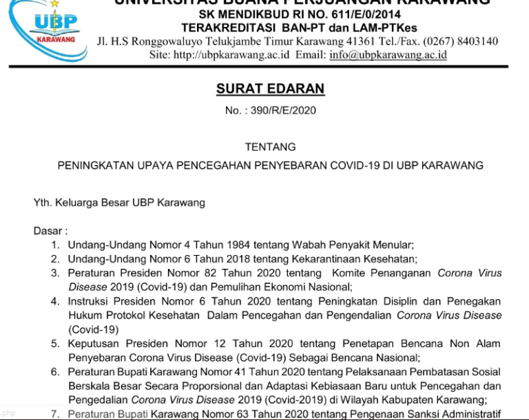 Surat Edaran Peningkatan Upaya Pencegahan Penyebaran Covid-19 di UBP Karawang