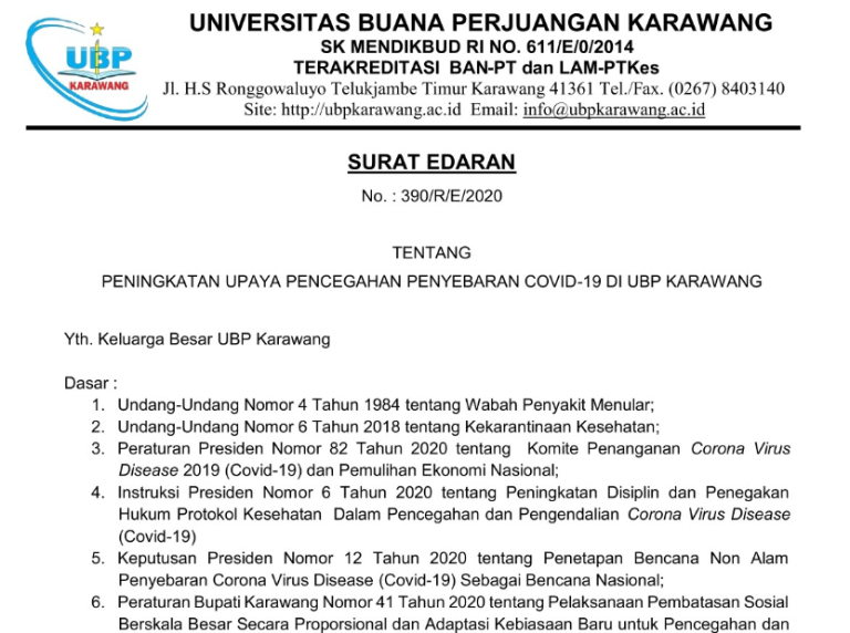Circular on Increasing Efforts to Prevent the Spread of Covid-19 at UBP Karawang